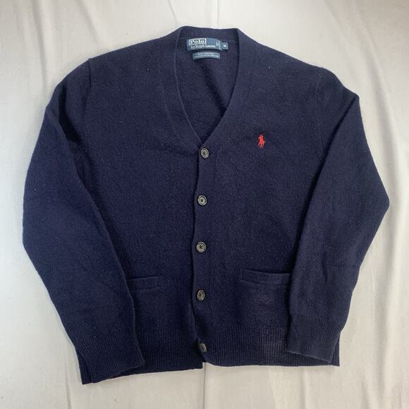 Vintage Polo Ralph Lauren 100% Lambswool Cardigan 2 Pocket Blue Mens Medium - Picture 1 of 6